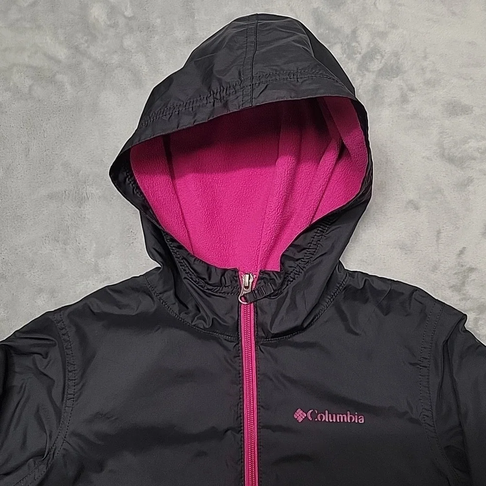 Columbia Jacket Girls M Black Pink Full Zip Hooded Fleece Lined Windbreaker
